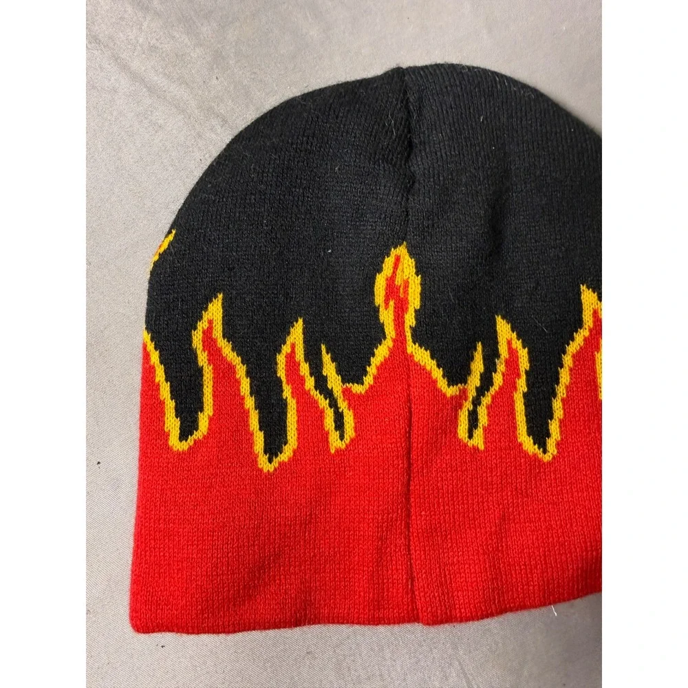 Adler Hot Oil Flame Knit Beanie Hat Black Red Yellow Embroidered Logo One Size